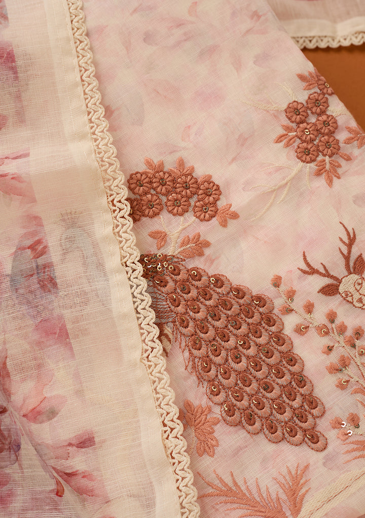 Off White Threadwork Cotton Unstitched Salwar Suit