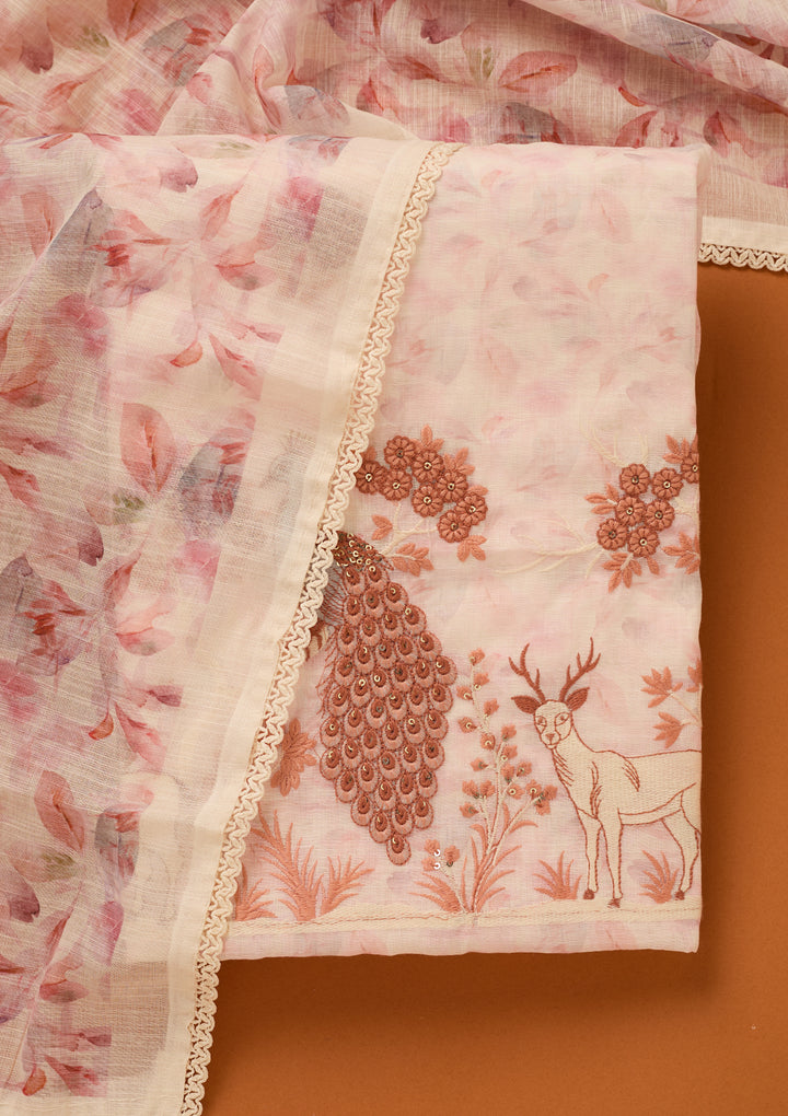Off White Threadwork Cotton Unstitched Salwar Suit