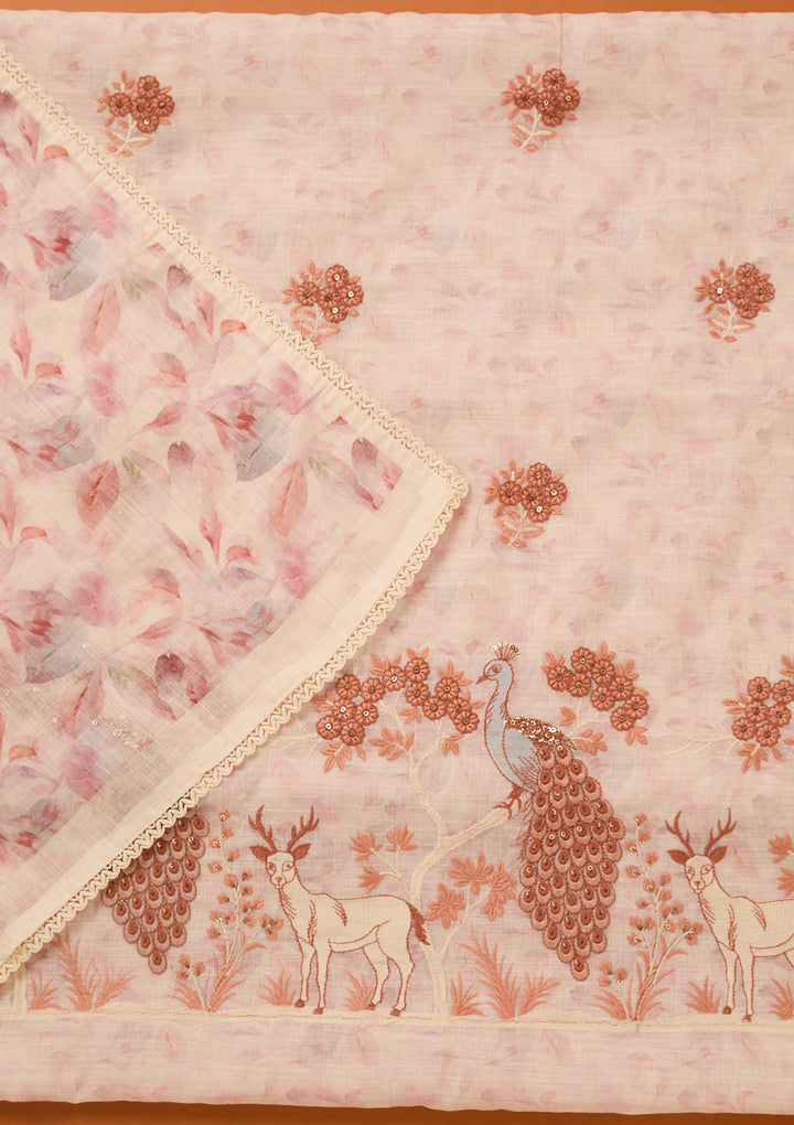 Off White Threadwork Cotton Unstitched Salwar Suit