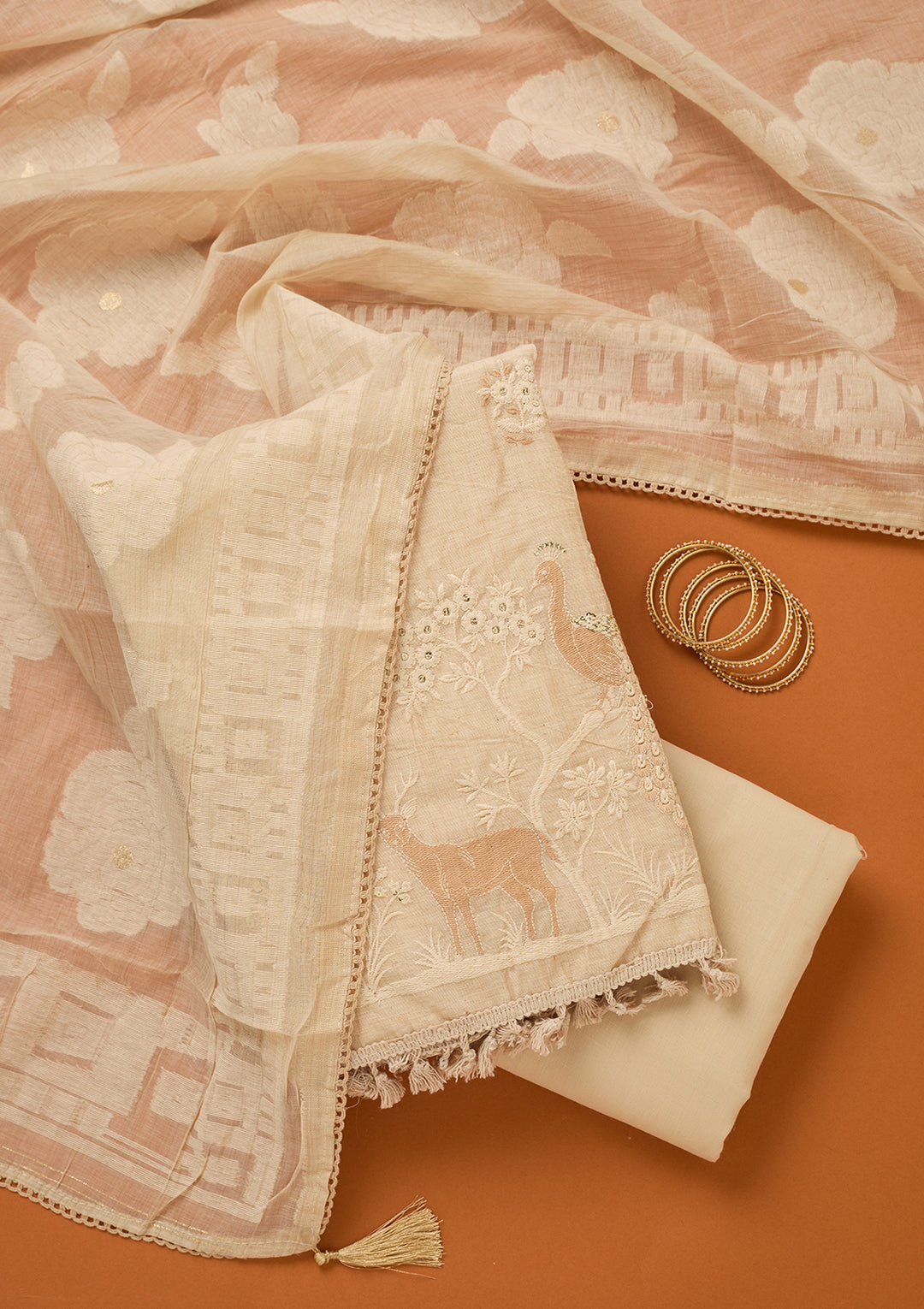 Cream Threadwork Cotton Unstitched Salwar Suit