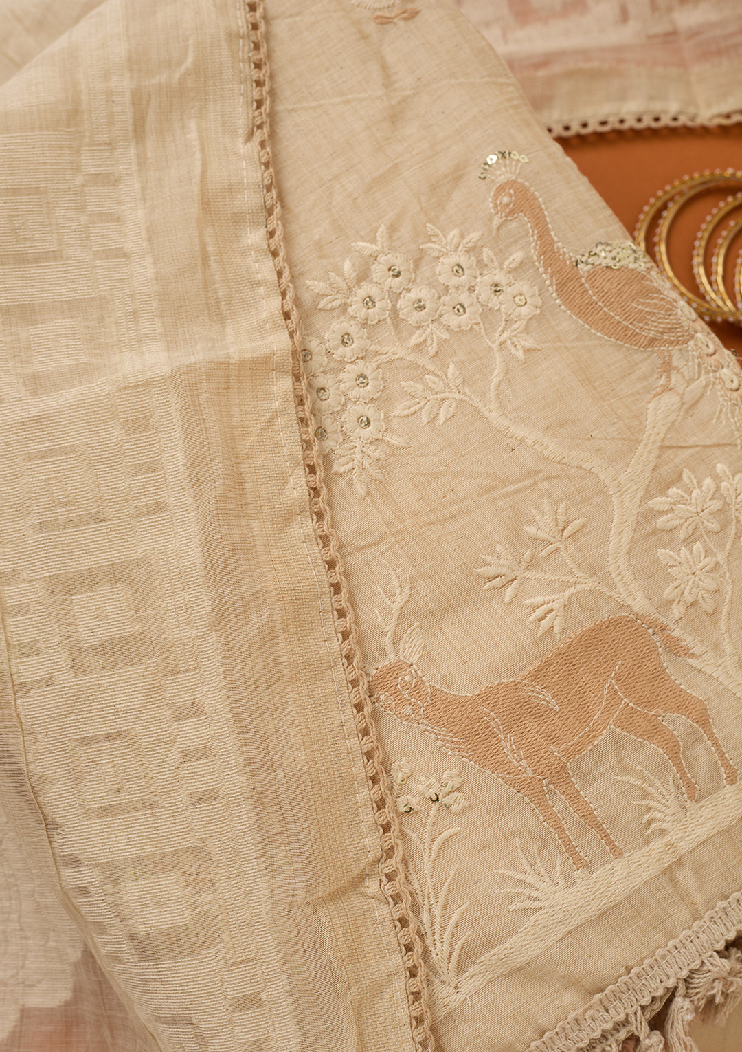 Cream Threadwork Cotton Unstitched Salwar Suit