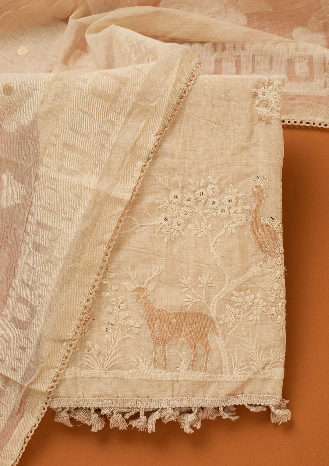 Cream Threadwork Cotton Unstitched Salwar Suit