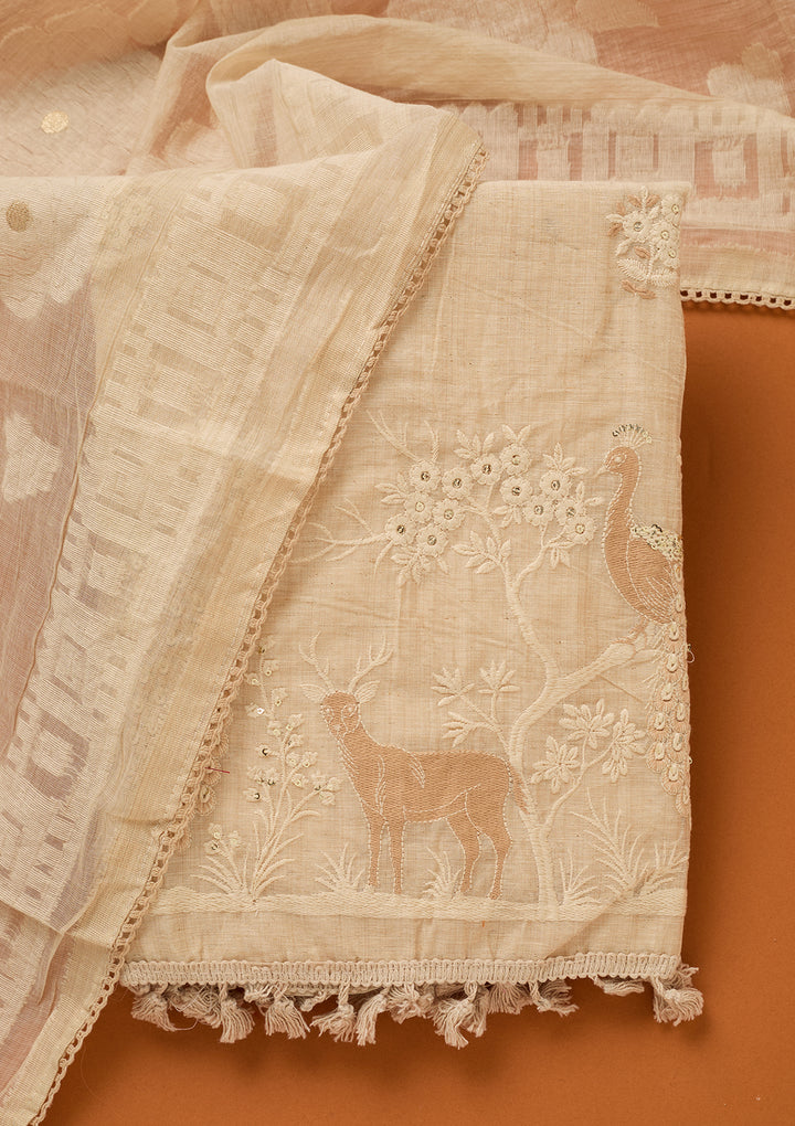 Cream Threadwork Cotton Unstitched Salwar Suit