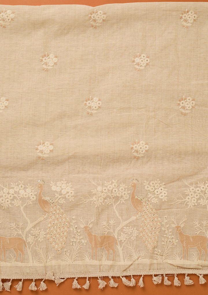 Cream Threadwork Cotton Unstitched Salwar Suit