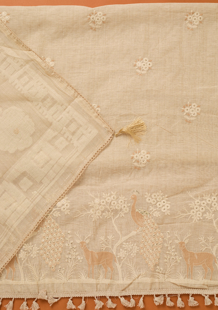 Cream Threadwork Cotton Unstitched Salwar Suit