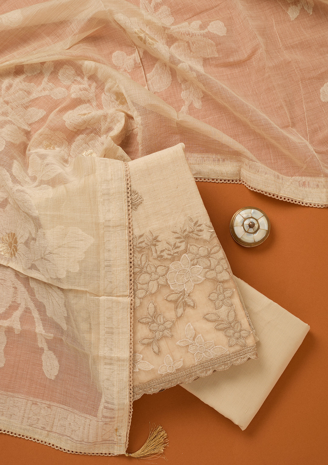 Beige Threadwork Cotton Unstitched Salwar Suit