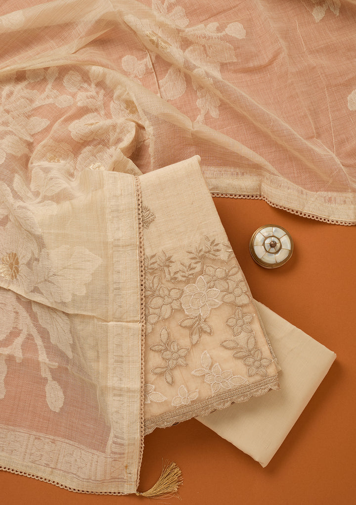 Beige Threadwork Cotton Unstitched Salwar Suit