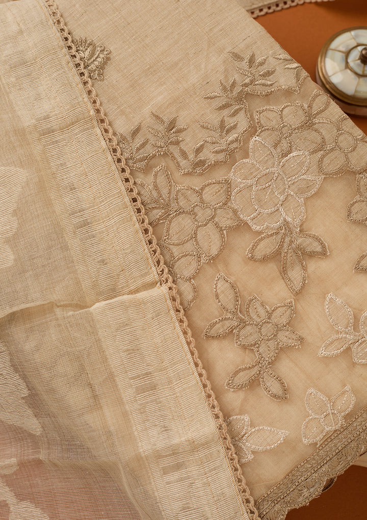 Beige Threadwork Cotton Unstitched Salwar Suit