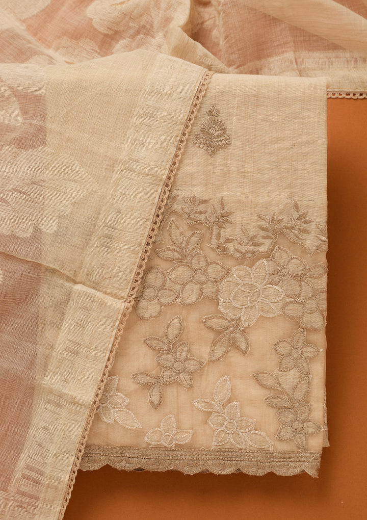 Beige Threadwork Cotton Unstitched Salwar Suit