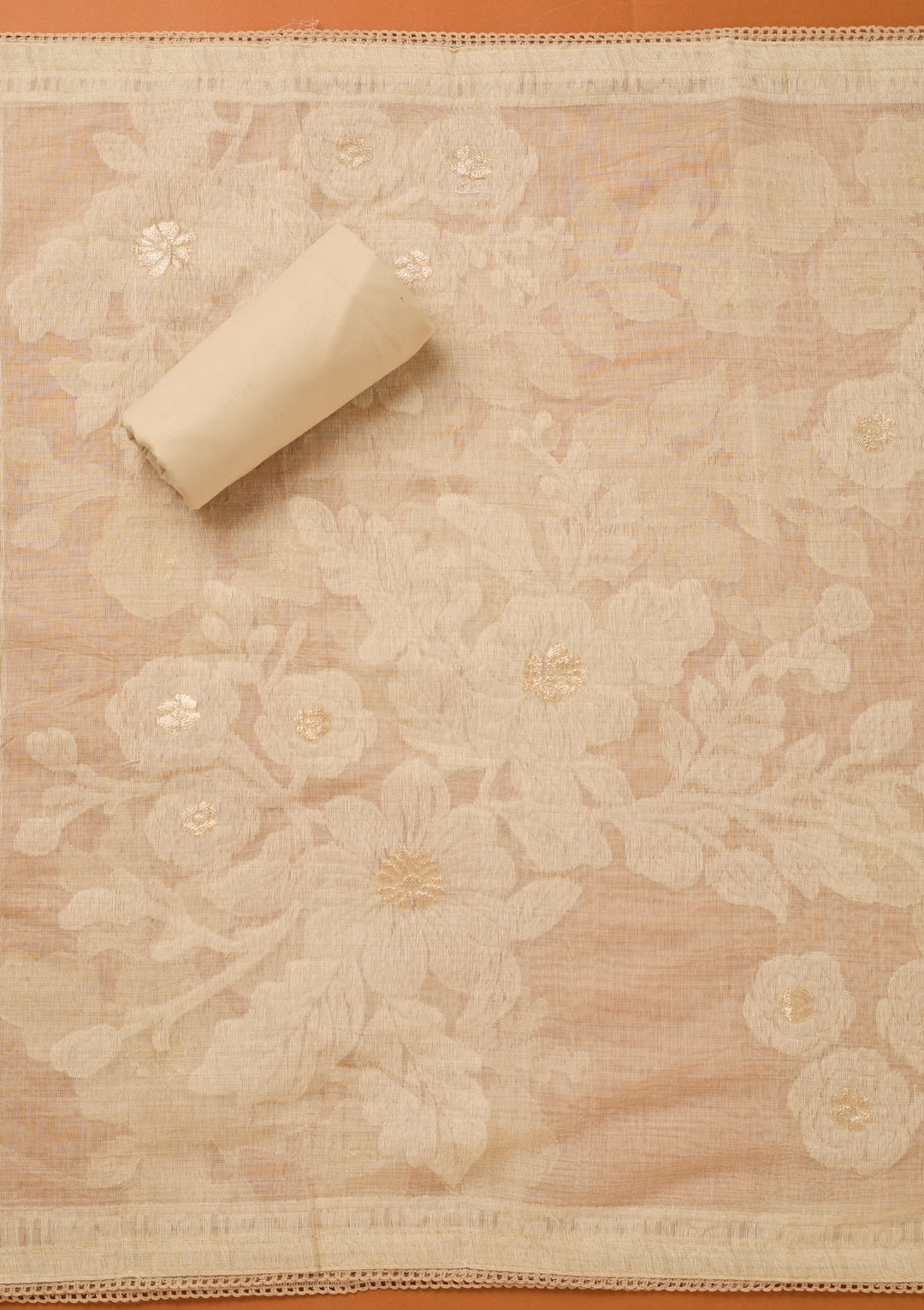 Beige Threadwork Cotton Unstitched Salwar Suit