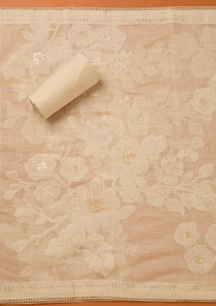 Beige Threadwork Cotton Unstitched Salwar Suit