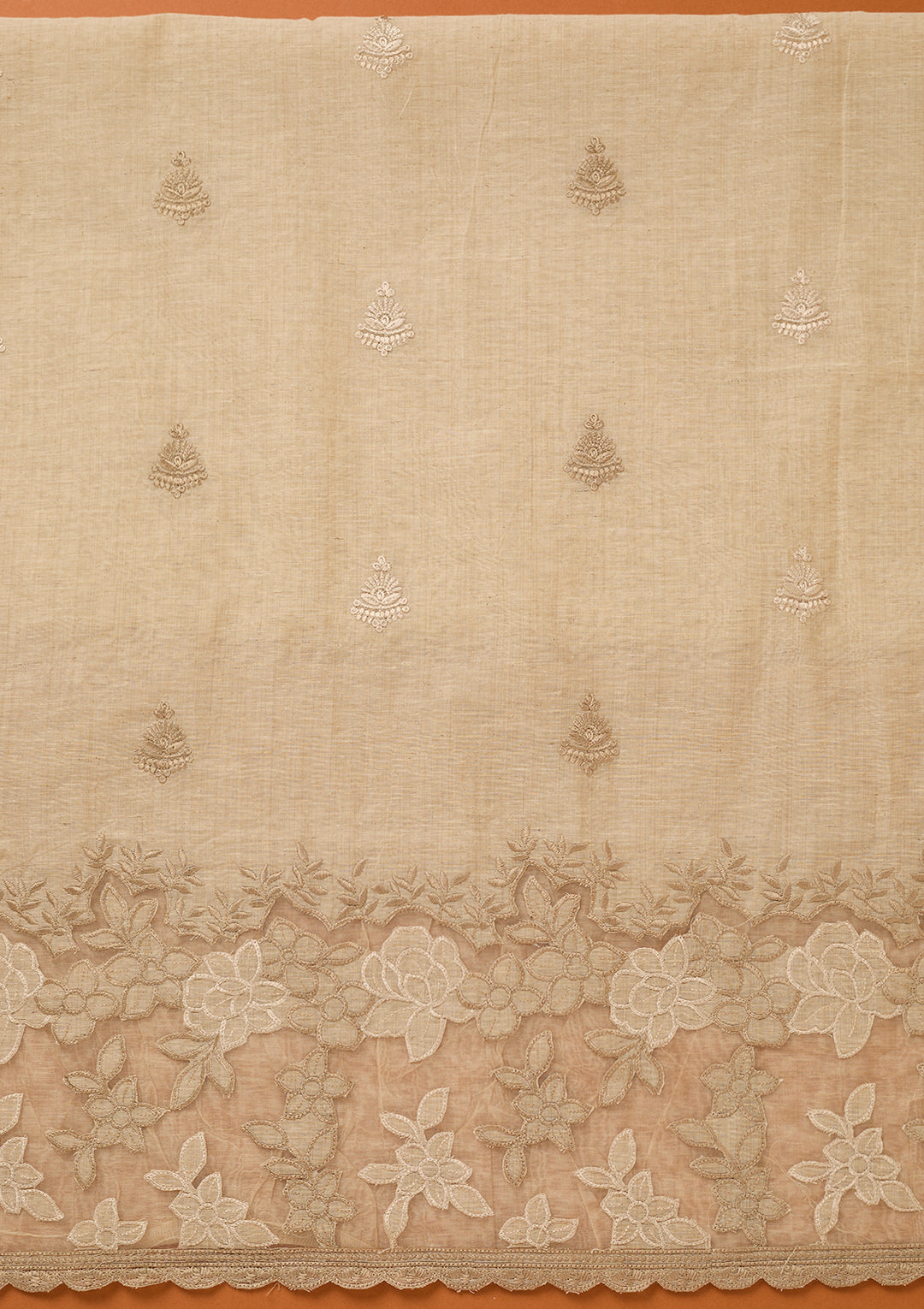 Beige Threadwork Cotton Unstitched Salwar Suit