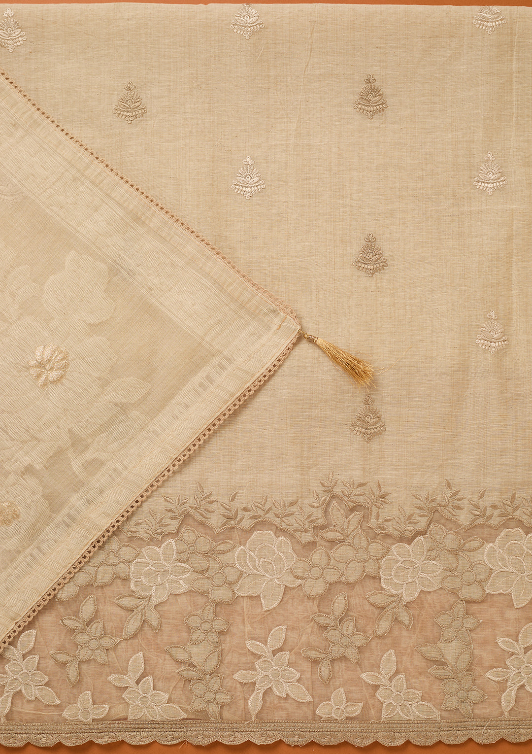 Beige Threadwork Cotton Unstitched Salwar Suit
