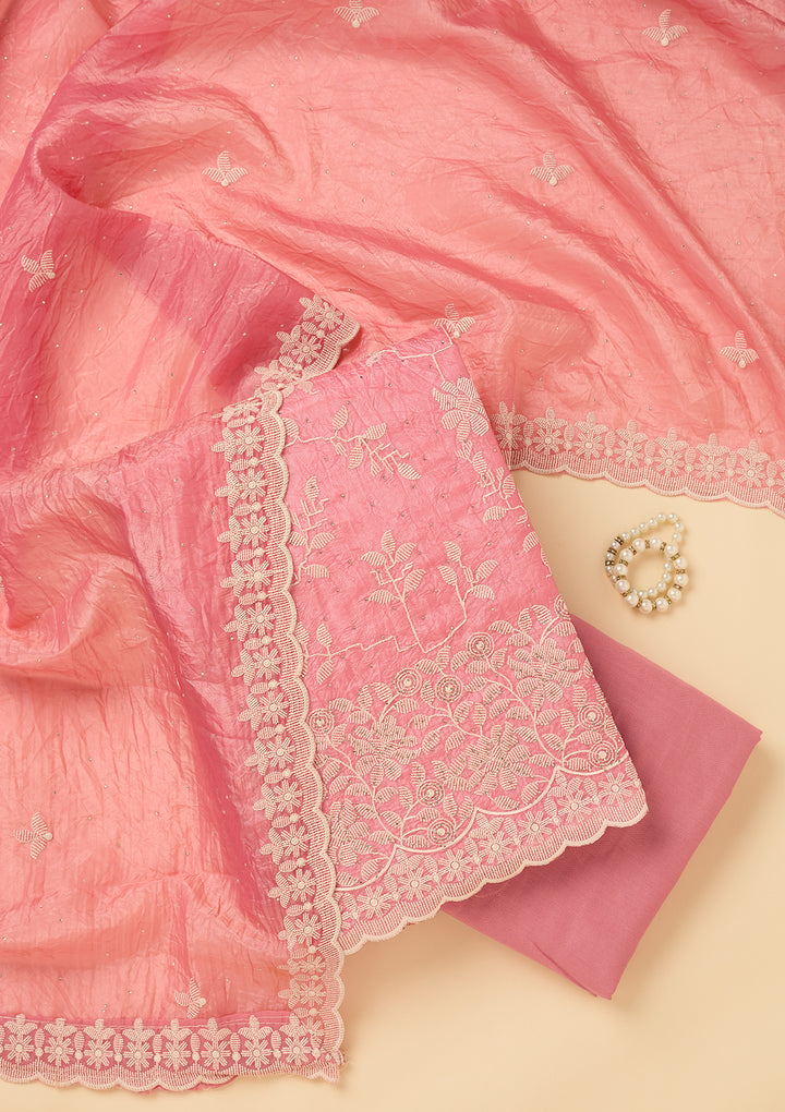 Pink Threadwork Crepe Unstitched Salwar Suit