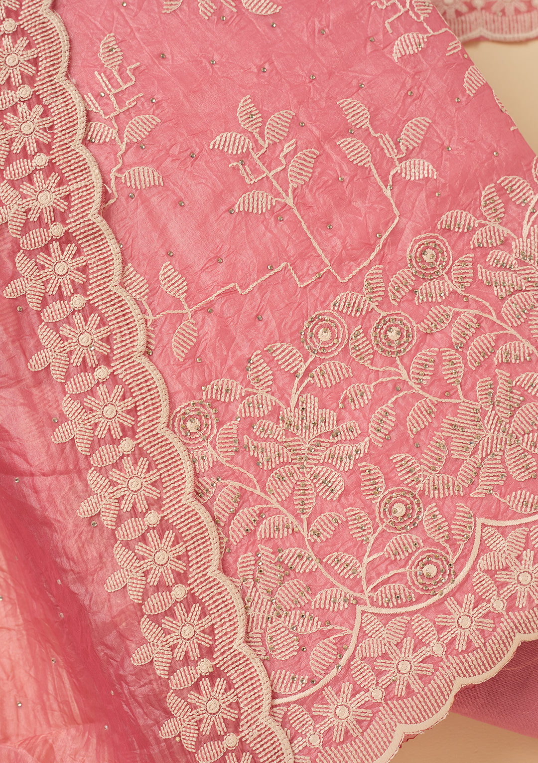 Pink Threadwork Crepe Unstitched Salwar Suit