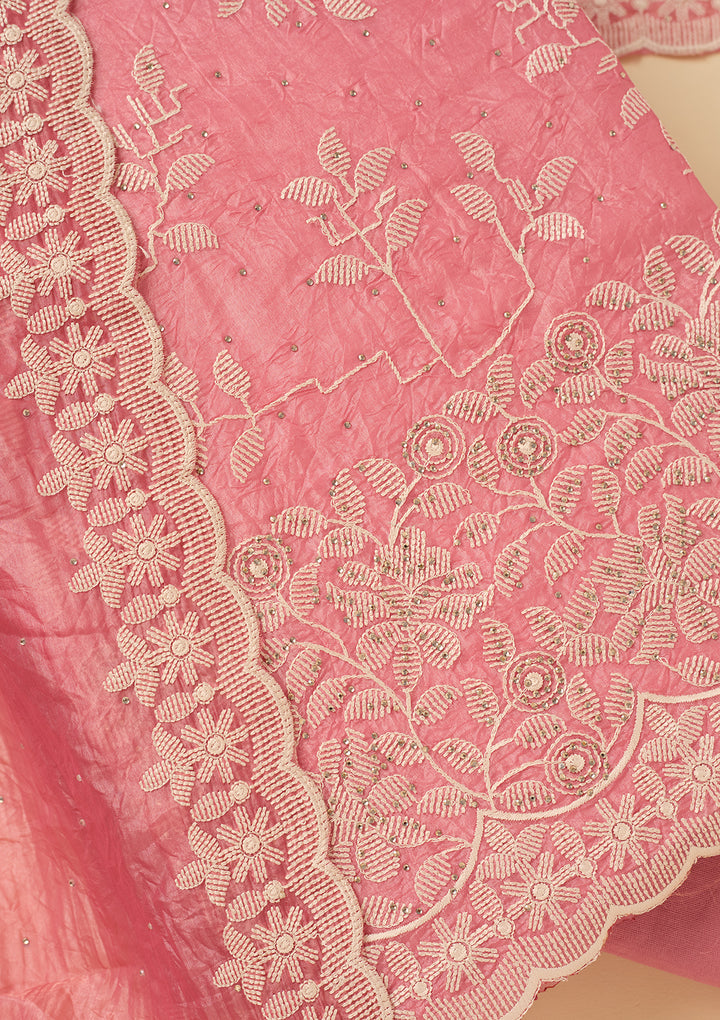 Pink Threadwork Crepe Unstitched Salwar Suit