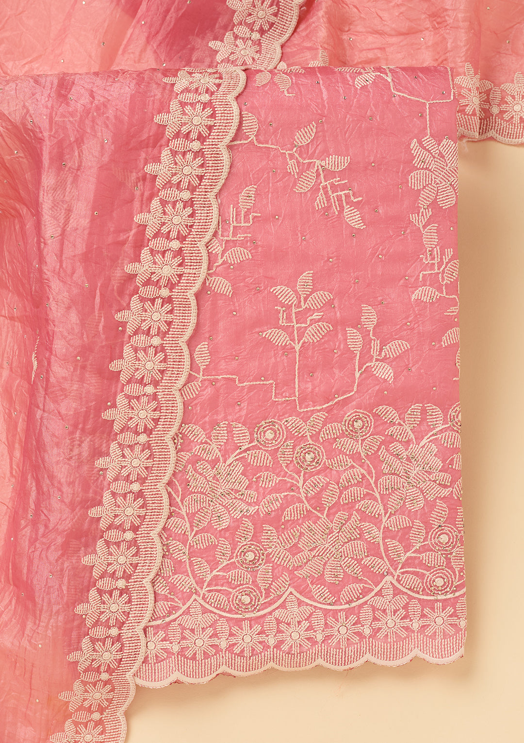 Pink Threadwork Crepe Unstitched Salwar Suit