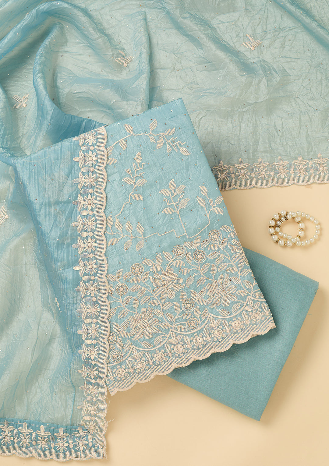 Sky Blue Threadwork Crepe Unstitched Salwar Suit