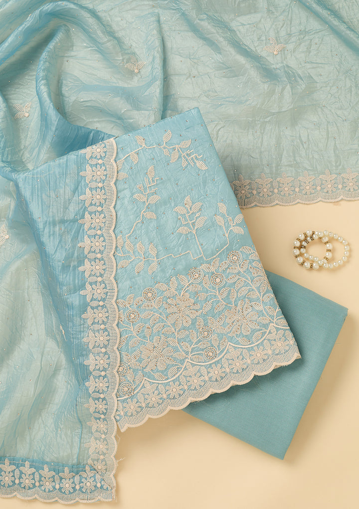 Sky Blue Threadwork Crepe Unstitched Salwar Suit