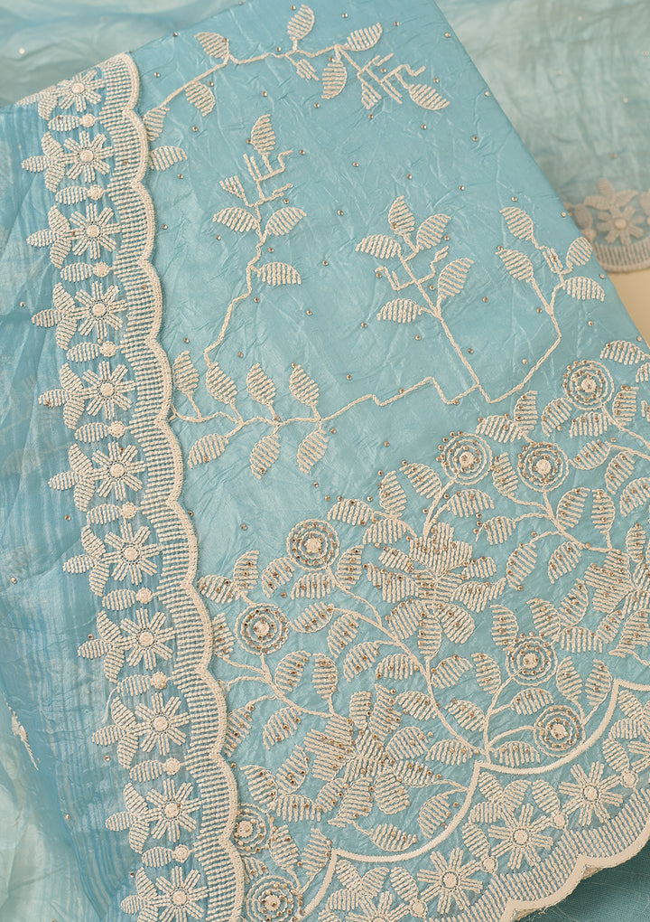 Sky Blue Threadwork Crepe Unstitched Salwar Suit