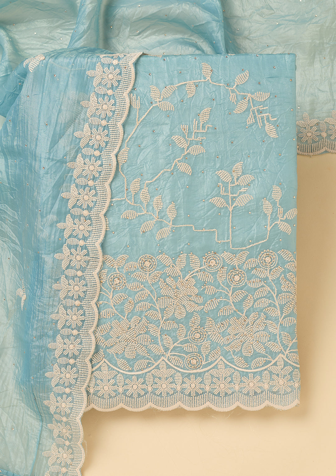 Sky Blue Threadwork Crepe Unstitched Salwar Suit