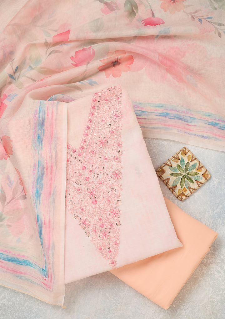 Baby Pink Cotton Threadwork Unstitched Dress Material With Matching Bottom And Dupatta