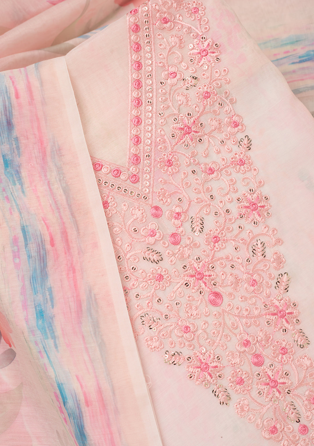 Baby Pink Cotton Threadwork Unstitched Dress Material With Matching Bottom And Dupatta