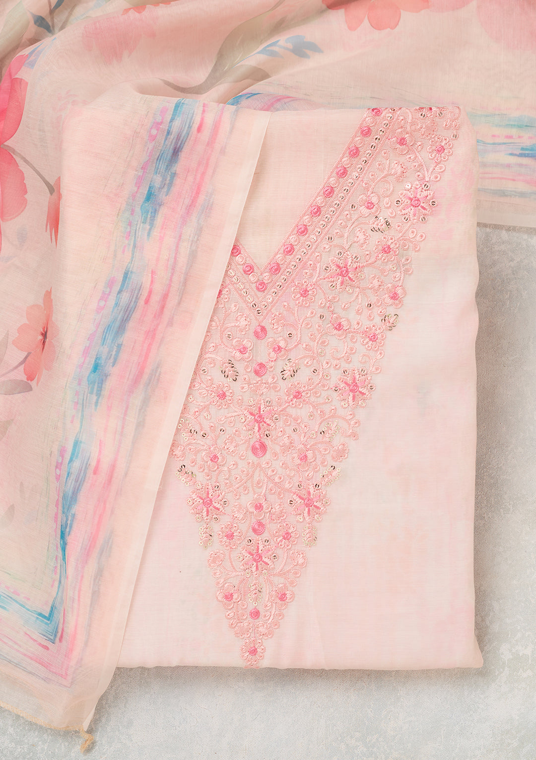 Baby Pink Cotton Threadwork Unstitched Dress Material With Matching Bottom And Dupatta