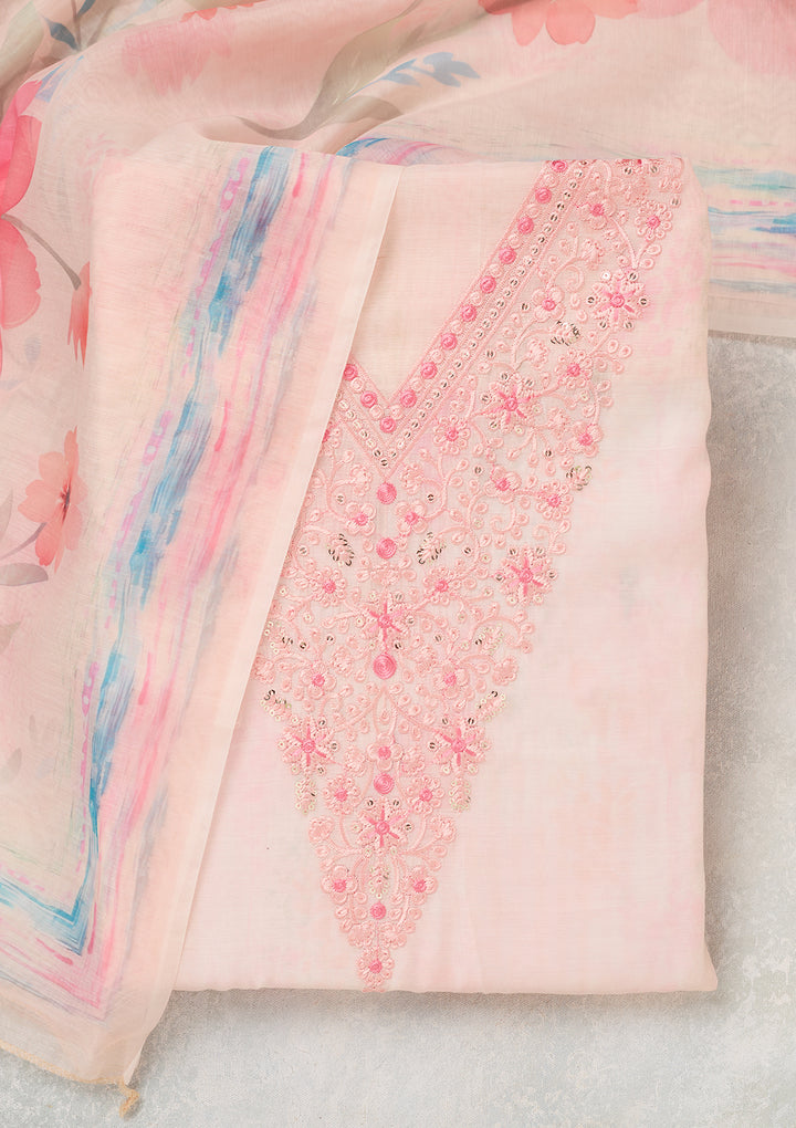 Baby Pink Cotton Threadwork Unstitched Dress Material With Matching Bottom And Dupatta