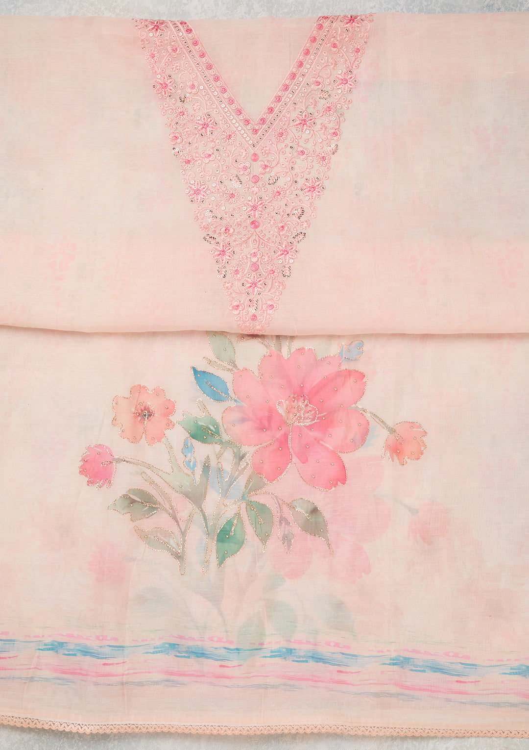 Baby Pink Cotton Threadwork Unstitched Dress Material With Matching Bottom And Dupatta
