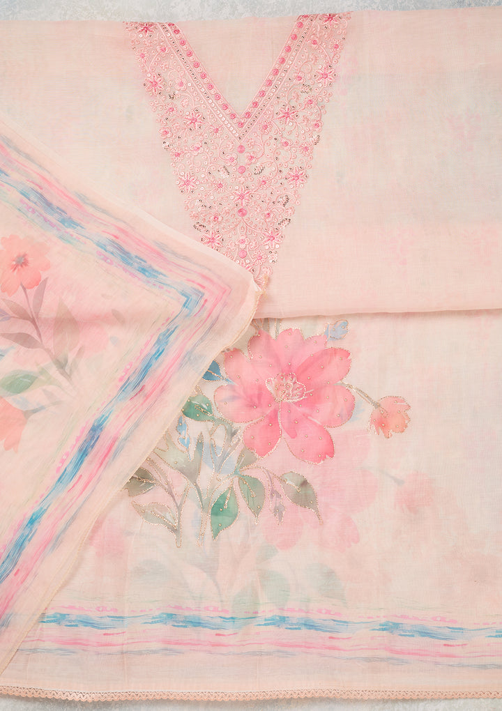 Baby Pink Cotton Threadwork Unstitched Dress Material With Matching Bottom And Dupatta