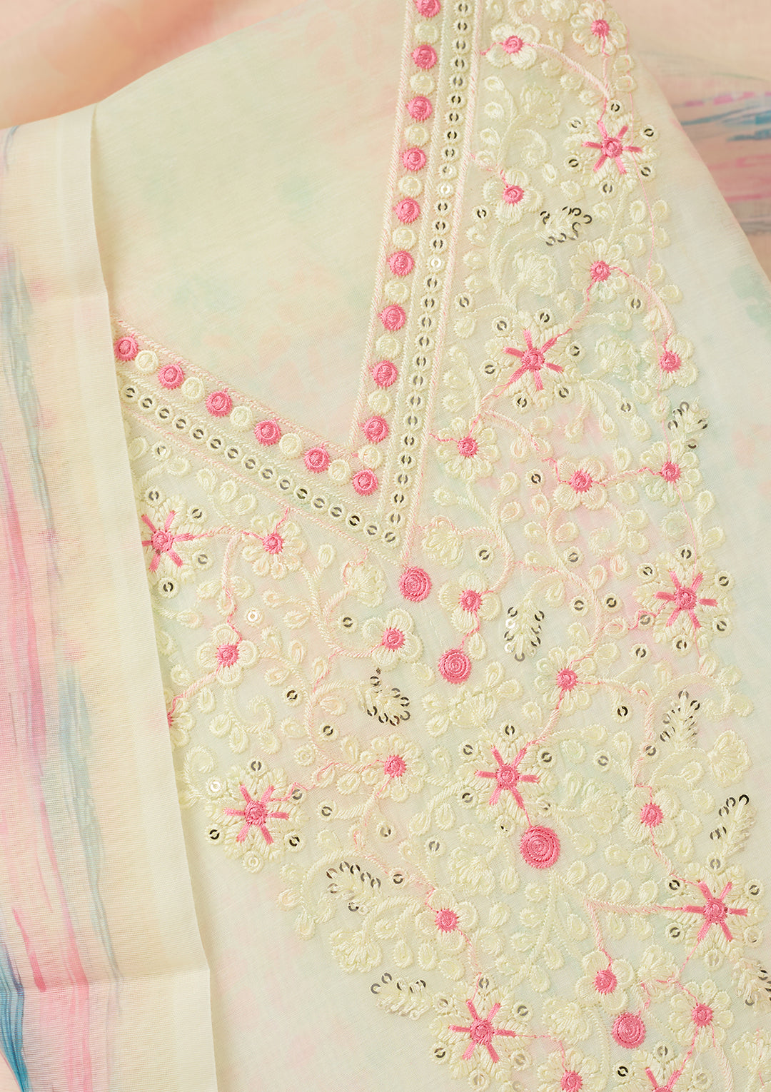 Lemon Yellow Threadwork Cotton Unstitched Salwar Suit