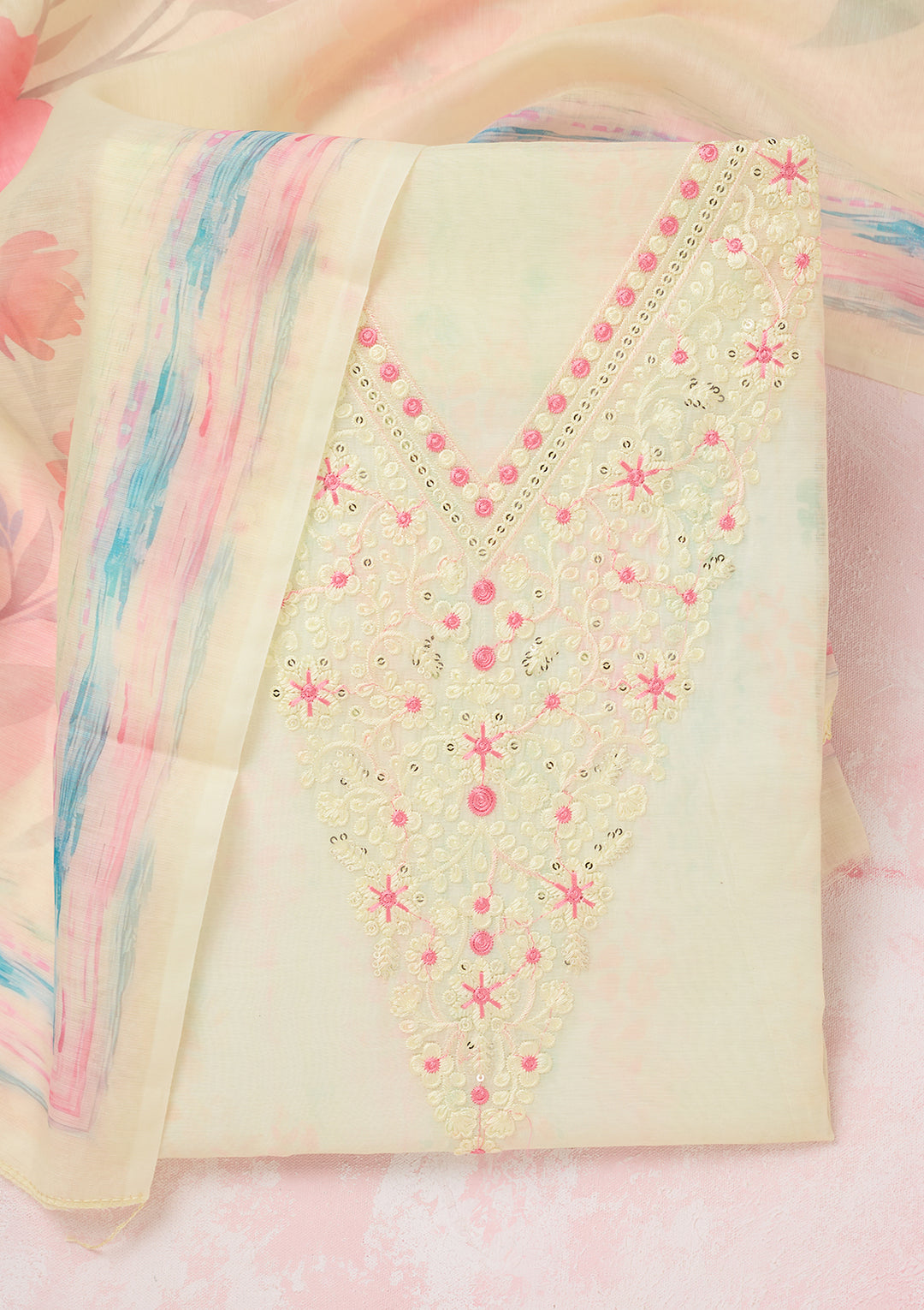 Lemon Yellow Threadwork Cotton Unstitched Salwar Suit