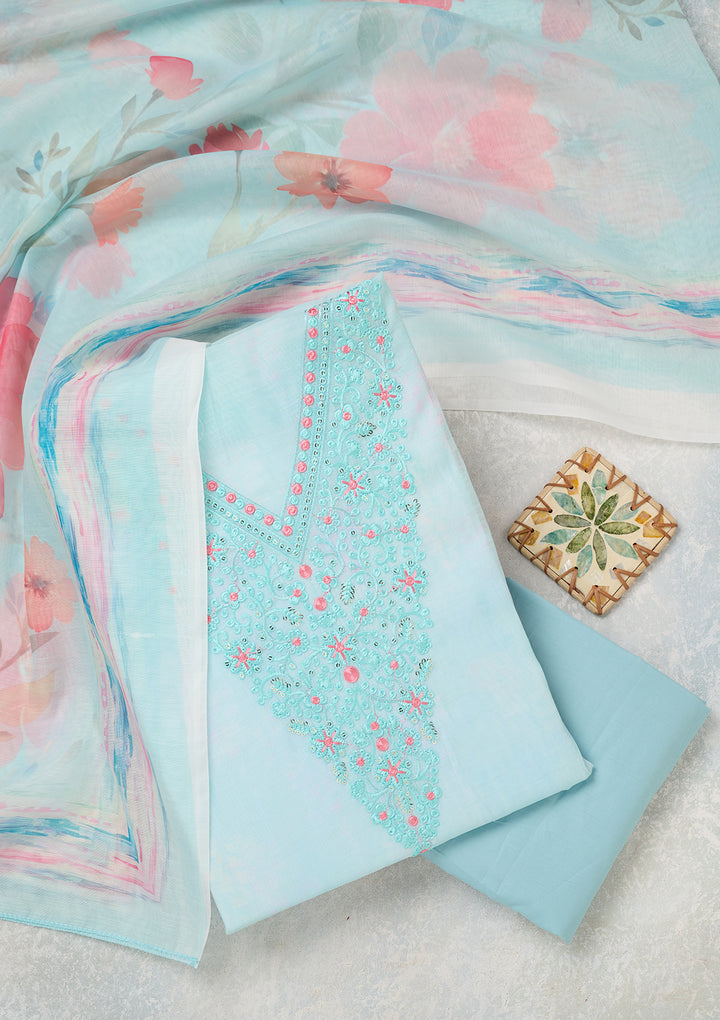 Sky Blue Cotton Threadwork Unstitched Dress Material With Matching Bottom And Dupatta