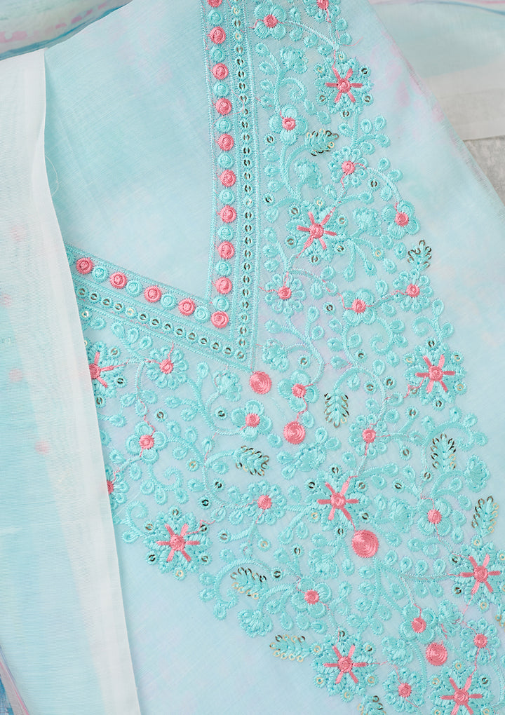 Sky Blue Cotton Threadwork Unstitched Dress Material With Matching Bottom And Dupatta