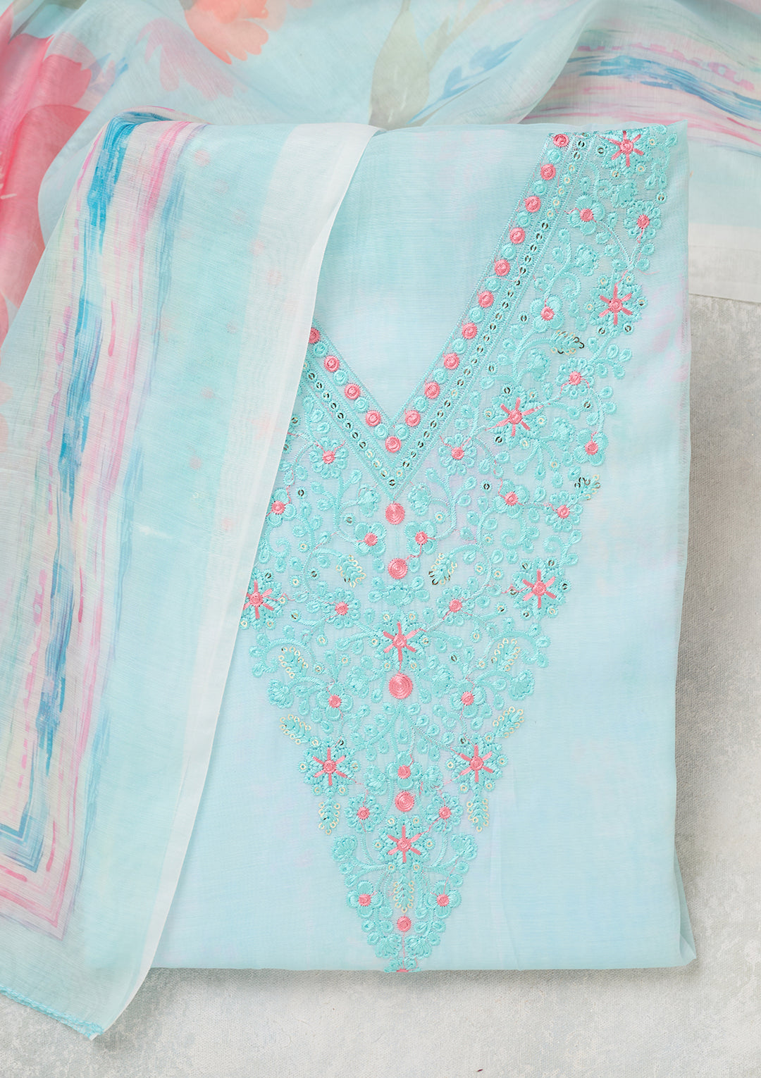Sky Blue Cotton Threadwork Unstitched Dress Material With Matching Bottom And Dupatta