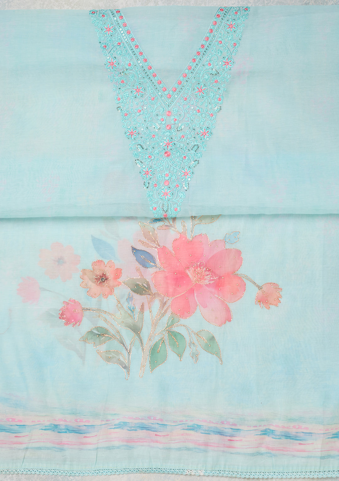 Sky Blue Cotton Threadwork Unstitched Dress Material With Matching Bottom And Dupatta