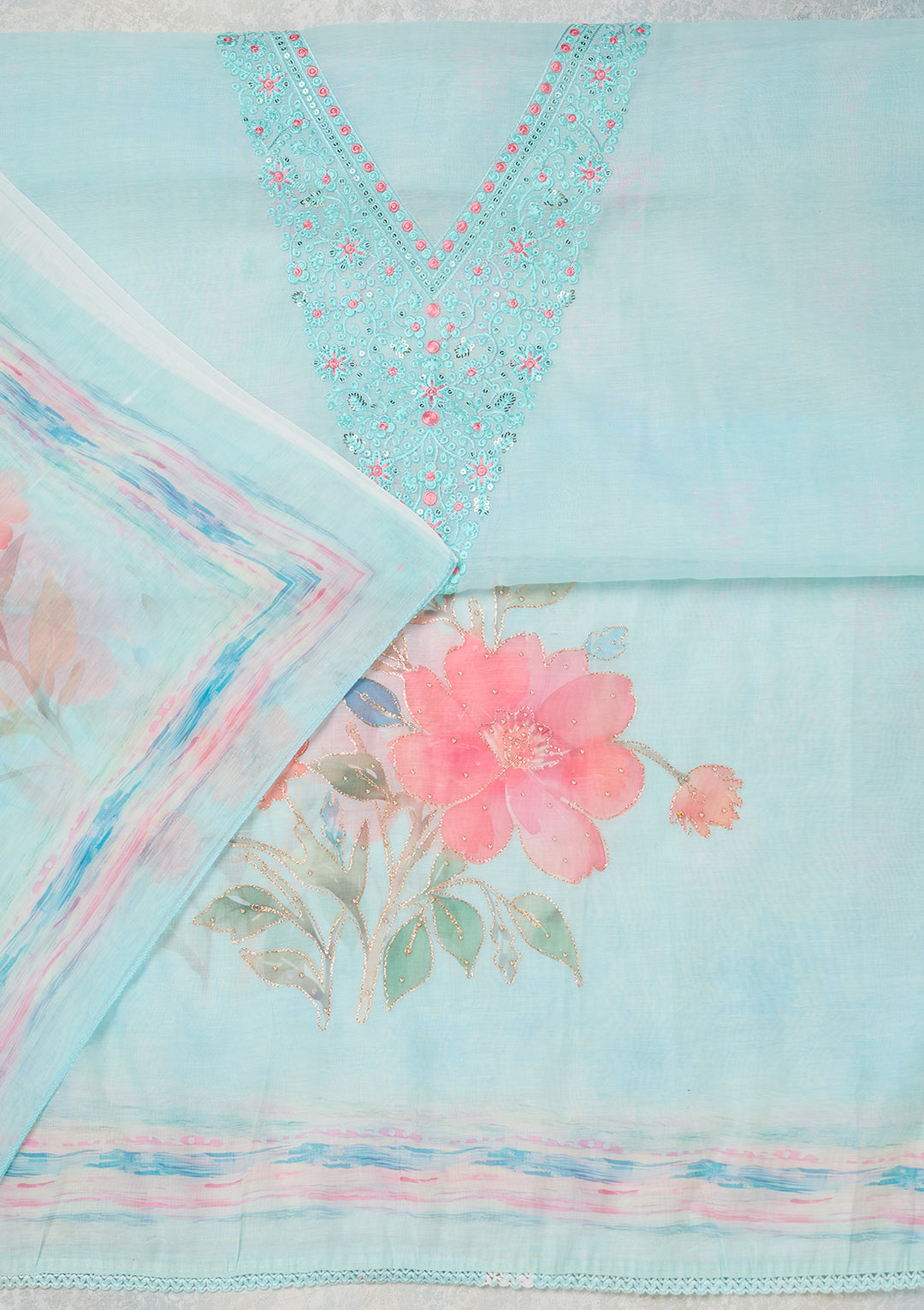 Sky Blue Cotton Threadwork Unstitched Dress Material With Matching Bottom And Dupatta