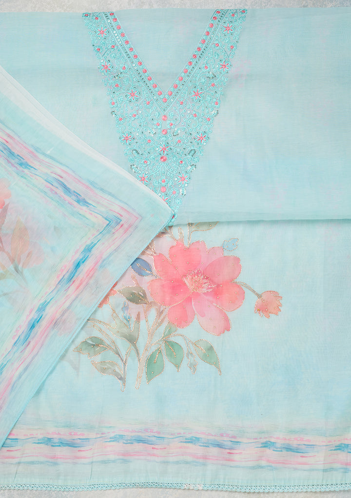 Sky Blue Cotton Threadwork Unstitched Dress Material With Matching Bottom And Dupatta