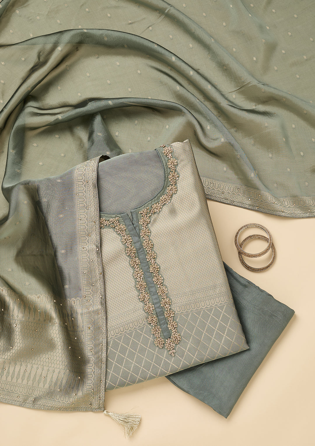 Green Cutdana Dola Silk Unstitched Salwar Suit