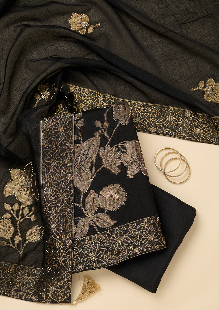 Black Stonework (Gold) Dola Silk Unstitched Salwar Suit