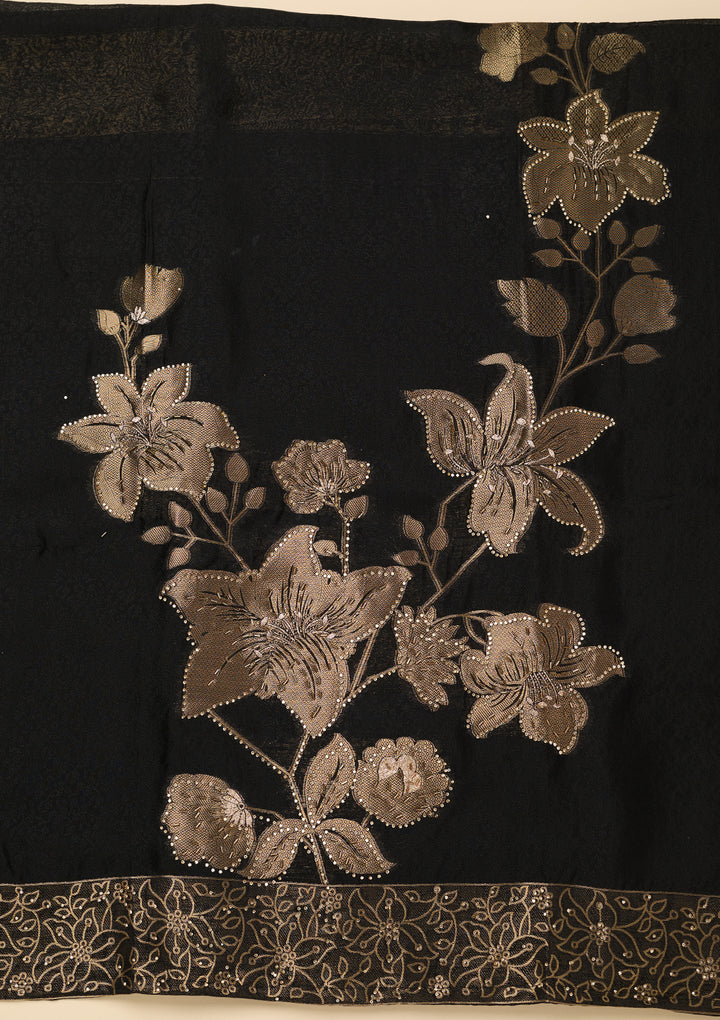 Black Stonework (Gold) Dola Silk Unstitched Salwar Suit