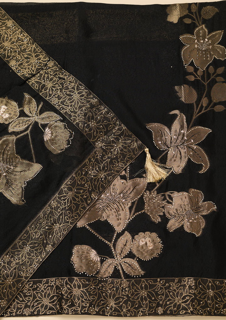 Black Stonework (Gold) Dola Silk Unstitched Salwar Suit