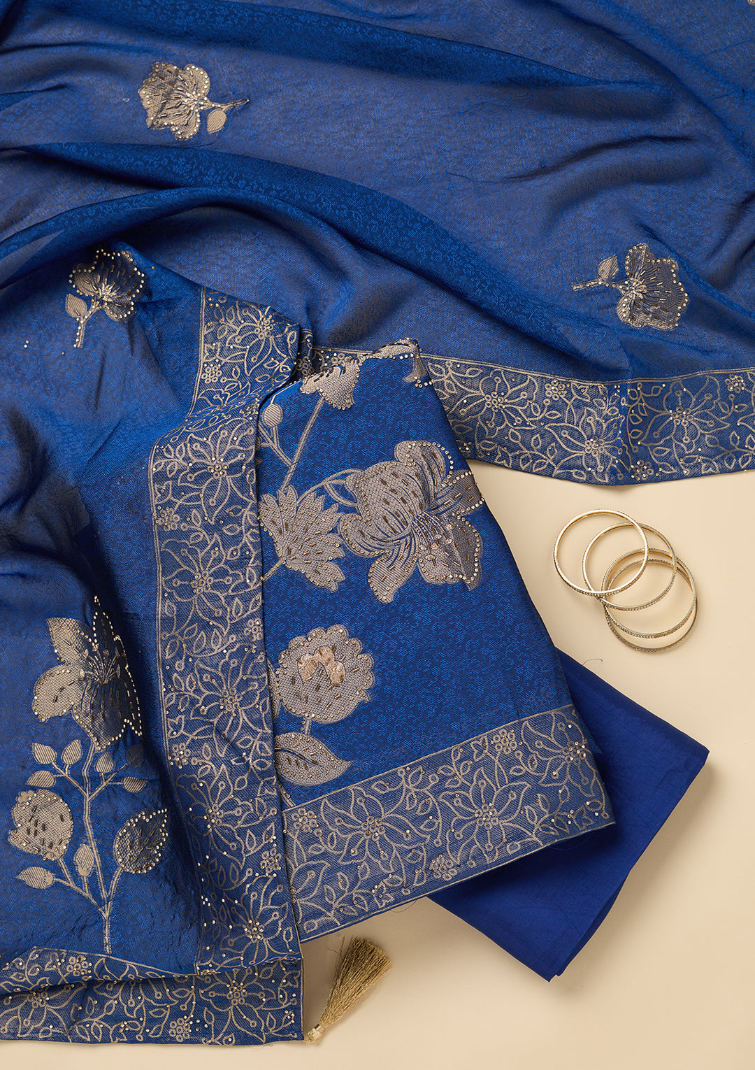 Blue Stonework (Gold) Dola Silk Unstitched Salwar Suit