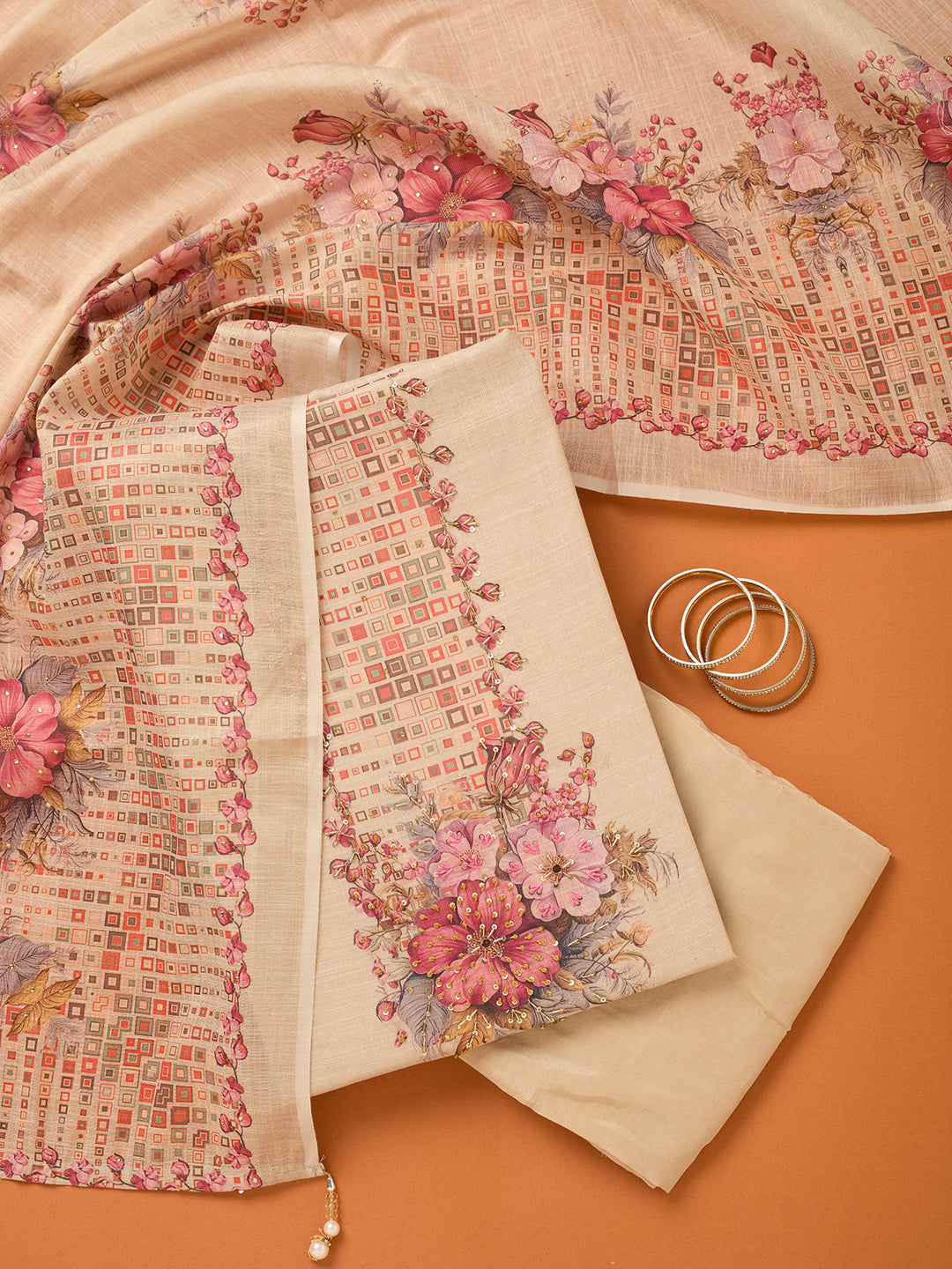 Beige Threadwork Linen Unstitched Salwar Suit