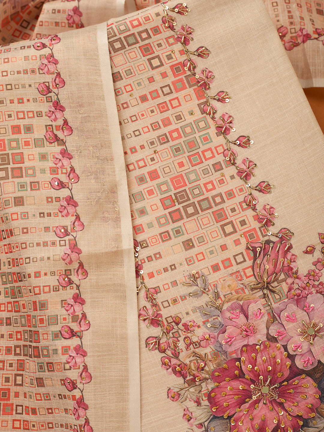 Beige Threadwork Linen Unstitched Salwar Suit