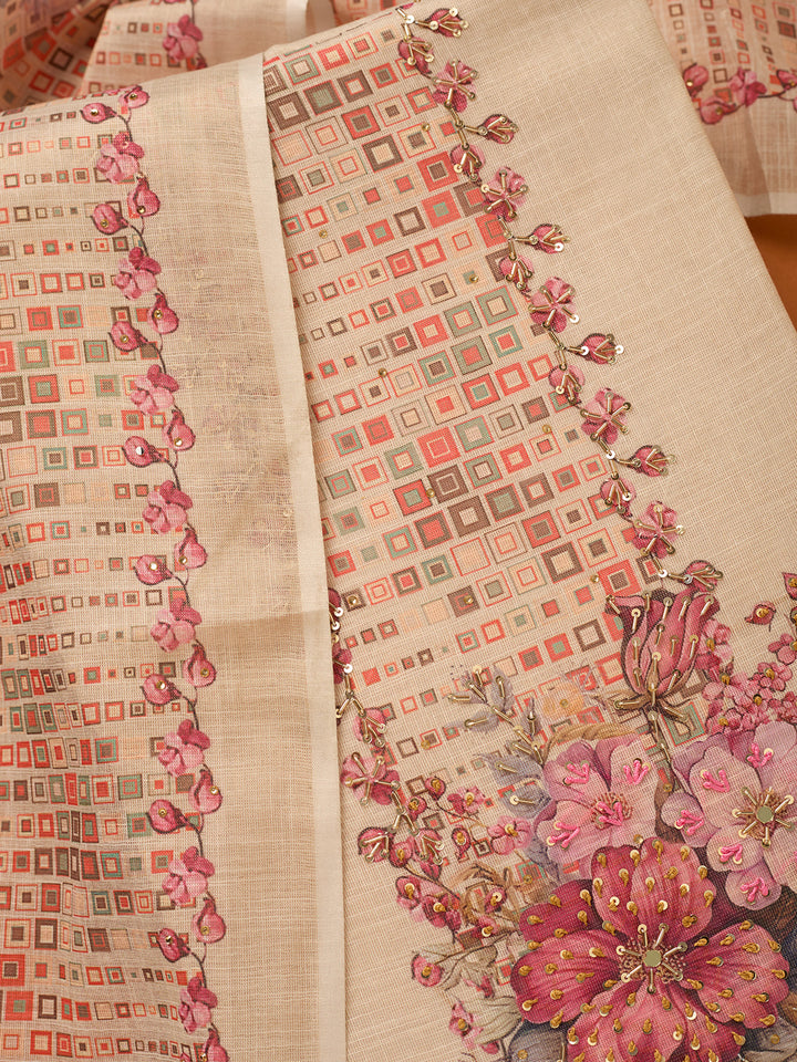 Beige Threadwork Linen Unstitched Salwar Suit