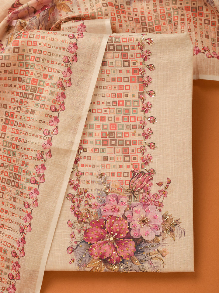 Beige Threadwork Linen Unstitched Salwar Suit