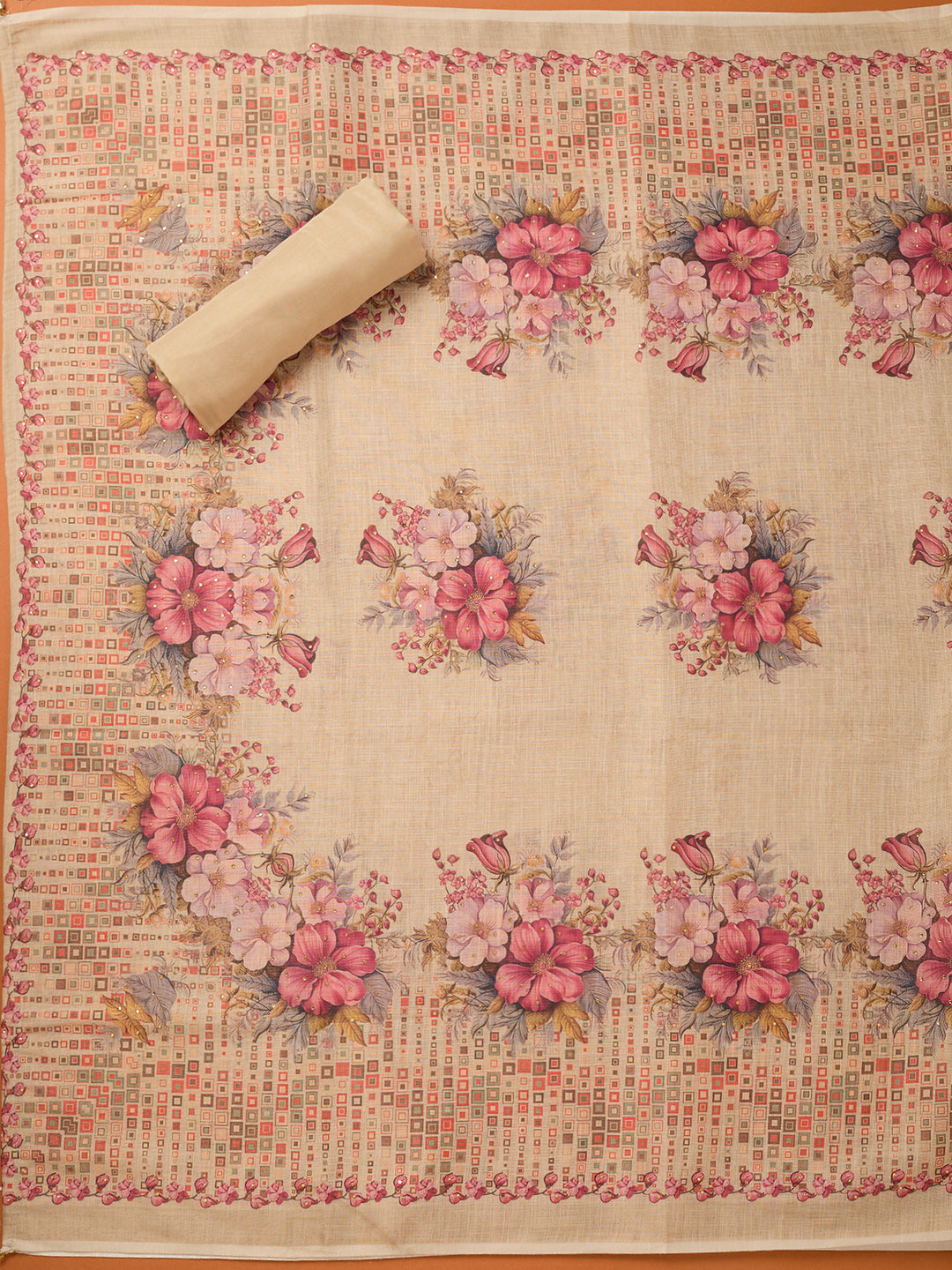Beige Threadwork Linen Unstitched Salwar Suit