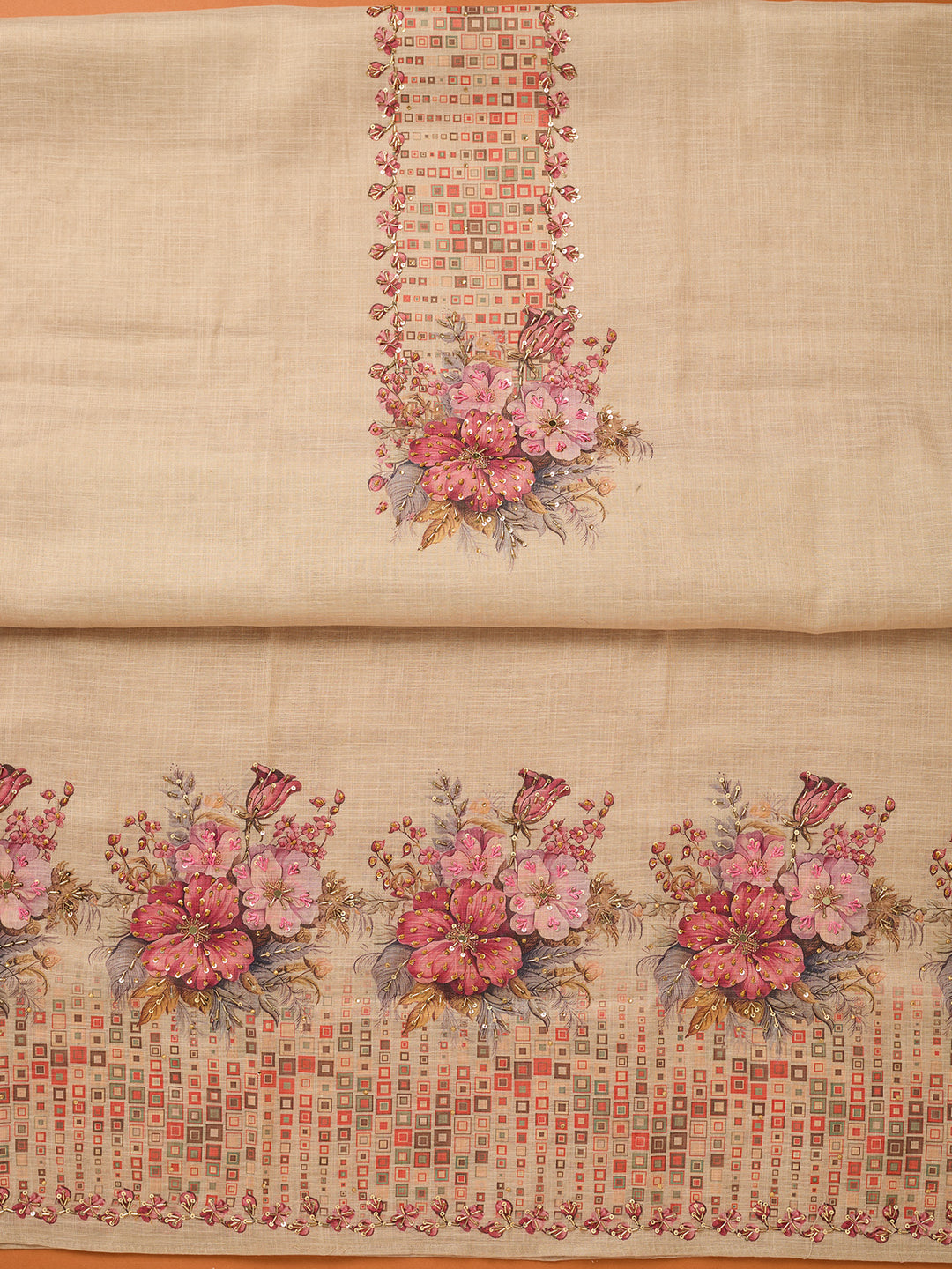 Beige Threadwork Linen Unstitched Salwar Suit